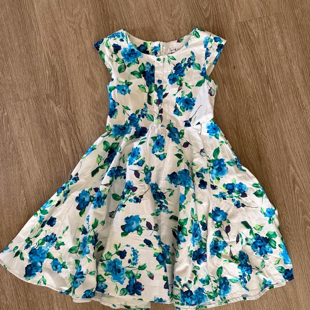 Kate Kasin blue floral fit & flare girls dress 10